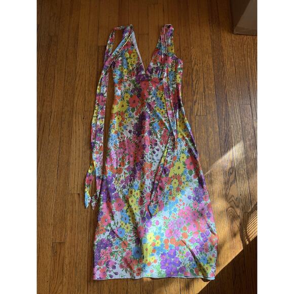 Les Reveries Dress Womens 6 Floral Plunge V Neck Tie Shoulder Slip Made USA - Picture 2 of 5